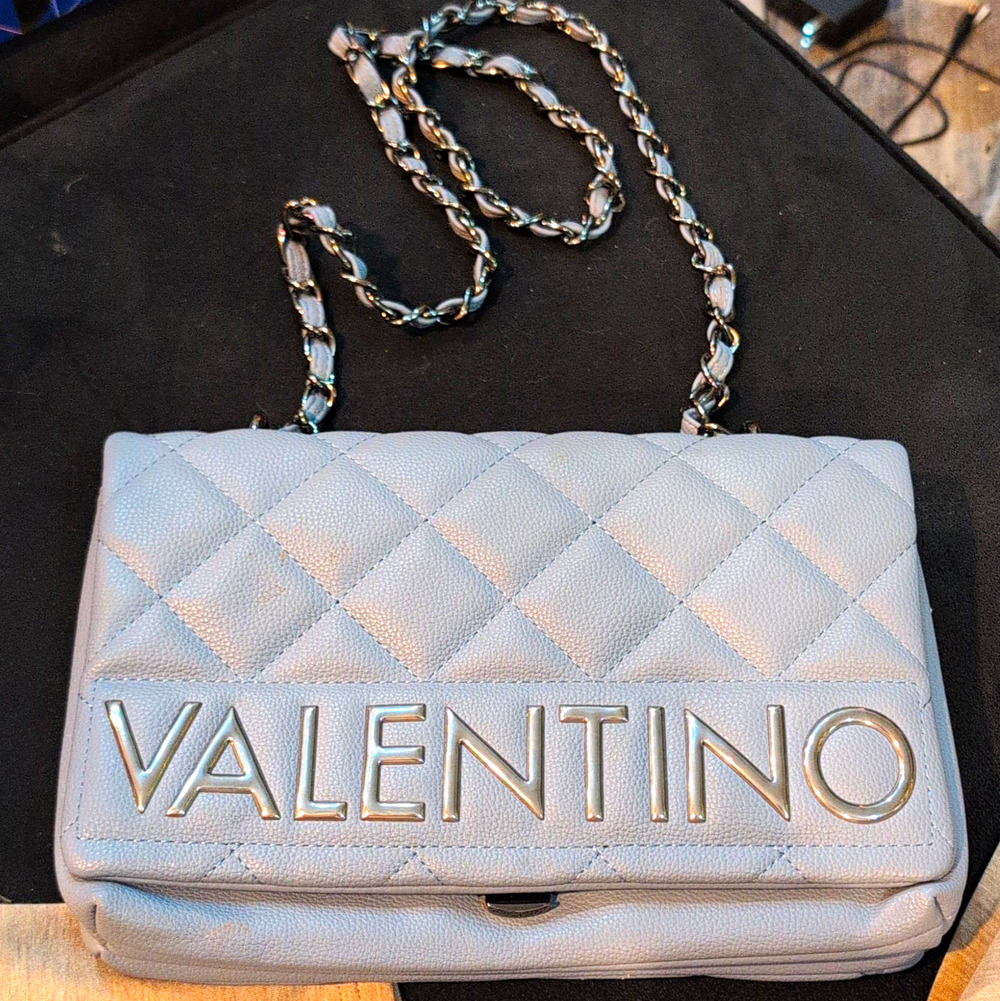 Valentino Light Blue Quilted Shoulder Bag Chain Strap Turn Lock Logo